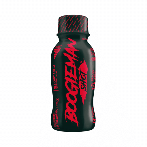 Mustal ja punasel taustal Kofeiinishot TREC Boogieman Shot 100ml, Bubble Gum pudel. Erksad punased kirjad ja dünaamiline disain pakendil.