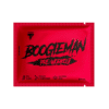 Punane pakend Kofeiinipulber TREC Boogieman 20g, Candy, millel on must kiri ja ikoonid beta-alaniini, tsitrulliini ja arginiini kombinatsiooni ning adaptengeeni võimekuse kohta.