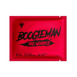 Punane pakend Kofeiinipulber TREC Boogieman 20g, Candy, millel on must kiri ja ikoonid beta-alaniini, tsitrulliini ja arginiini kombinatsiooni ning adaptengeeni võimekuse kohta.