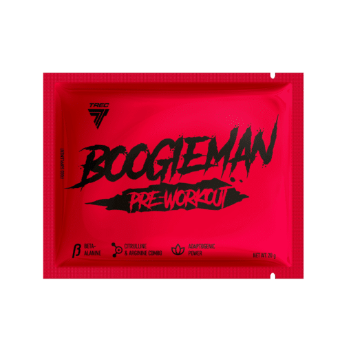 Punane pakend Kofeiinipulber TREC Boogieman 20g, Candy, millel on must kiri ja ikoonid beta-alaniini, tsitrulliini ja arginiini kombinatsiooni ning adaptengeeni võimekuse kohta.