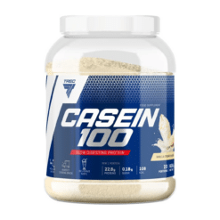 TREC Casein 100 on 600g läbipaistvas purgis, millel on sinised ja valged kleebised ning mille sisu on maitsestatud Creamy-Vanilla aroomiga. Purgi esiküljel on nähtav suur logo ja kergesti loetavad toote omadused.