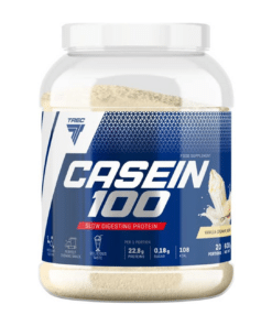 TREC Casein 100 on 600g läbipaistvas purgis, millel on sinised ja valged kleebised ning mille sisu on maitsestatud Creamy-Vanilla aroomiga. Purgi esiküljel on nähtav suur logo ja kergesti loetavad toote omadused.