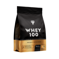 Valgupulber TREC GOLD CORE WHEY 100 PEANUT BUTTER 900g pakendis, mis on musta ja kuldse disainiga, esiplaanil valge kiri, toode paistab puhta ja professionaalsena vastu valget tausta.