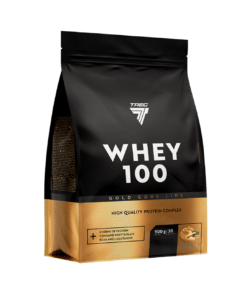 Valgupulber TREC GOLD CORE WHEY 100 PEANUT BUTTER 900g pakendis, mis on musta ja kuldse disainiga, esiplaanil valge kiri, toode paistab puhta ja professionaalsena vastu valget tausta.