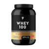 Mustas purgis Valgupulber TREC GOLD CORE LINE WHEY 100 STRAWBERRY 2000g, millel on kuldne silt ja maasika kujutis, seisab valgel taustal.