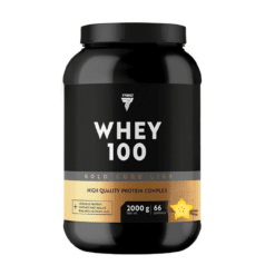 Valgupulber TREC GOLD CORE LINE WHEY 100 VANILLA 2000g mustas ja kuldses pakendis. Pakendi esiküljel on selgelt nähtav toote nimetus ning teave kõrge kvaliteediga proteiinikompleksi kohta. Sobib ideaalselt treeningjärgseks taastumiseks.