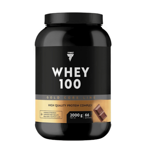Must ja kuldne TREC GOLD CORE LINE WHEY 100 valgupulbri purk maitseka šokolaadimärgistusega, sisaldab 2000 g proteiinipulbrit.