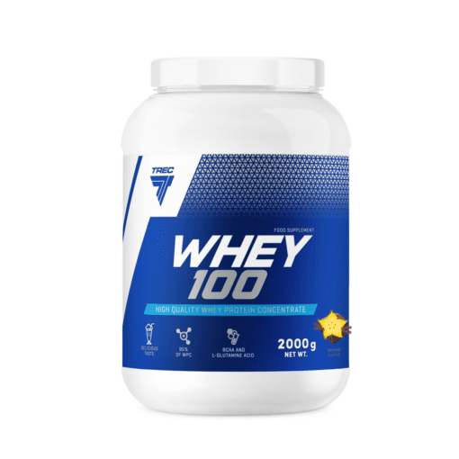 Valge suur plastpurk Valgupulbriga TREC WHEY 100 VANILLA 2000 g, sinist värvi etiketiga ja valge kaanega, paikneb neutraalsel taustal.