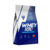 Sinise ja valge disainiga Valgupulber TREC WHEY 100, Strawberry, 900g pakk, mille esiküljel on näha TREC logo ja maasika illustratsioon. Paki pind on sile ja läikiv, sobib intensiivsete treeningute kõrvale toitumiseks.