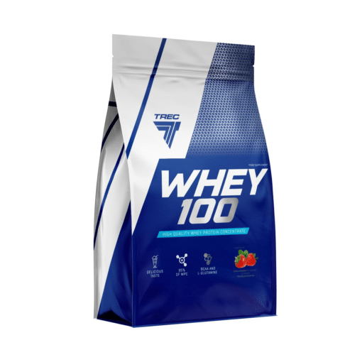 Sinise ja valge disainiga Valgupulber TREC WHEY 100, Strawberry, 900g pakk, mille esiküljel on näha TREC logo ja maasika illustratsioon. Paki pind on sile ja läikiv, sobib intensiivsete treeningute kõrvale toitumiseks.