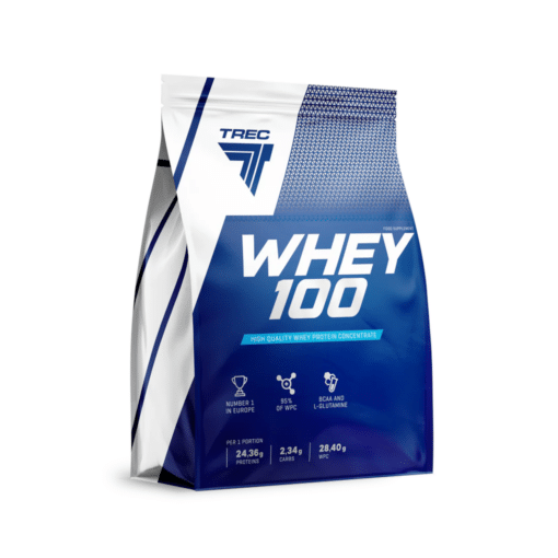 Valgupulber TREC WHEY 100, Chocolate, 900g pakend valgel taustal, peal hõbehall ja sinine graafika, rõhutatud valgusisaldus ja toote kvaliteet.