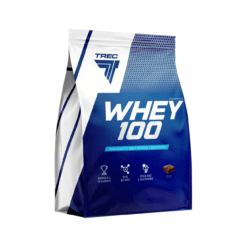 Valgupulber TREC WHEY 100, Brownies, 900g pakend sinise ja valge kujundusega, mis esiplaanil paistab kvaliteetse vadakuvalgu kontsentraadina.