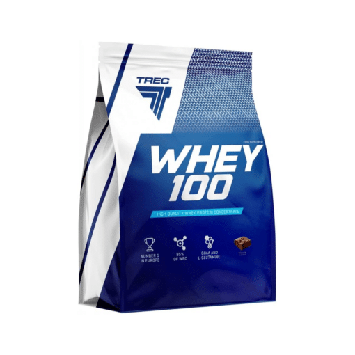 Valgupulber TREC WHEY 100, Brownies, 900g pakend sinise ja valge kujundusega, mis esiplaanil paistab kvaliteetse vadakuvalgu kontsentraadina.