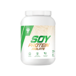 Valge plastpurk ja värviline etikett Taimne valgupulber TREC Soy Protein Isolate 750g, Vanilla, millel on lehtede muster ja rohelised toonid, puhta valge taustaga.