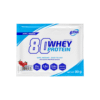 Valgupulber 6PAK 80 Whey Protein 30g Strawberry, valge pakend sinises ja punases disainis, millel on esile toodud 21g proteiini, 1.3g rasvu ja 2.6g süsivesikuid. Pakendil on maasikate pilt ning tekst WPC Instant - Easy to Mix.