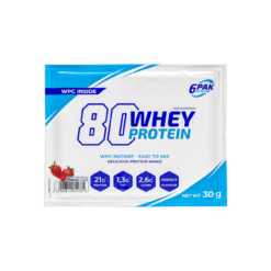 Valgupulber 6PAK 80 Whey Protein 30g Strawberry, valge pakend sinises ja punases disainis, millel on esile toodud 21g proteiini, 1.3g rasvu ja 2.6g süsivesikuid. Pakendil on maasikate pilt ning tekst WPC Instant - Easy to Mix.