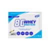 Valgupulber 6PAK 90 Whey Protein 30g Vanilla pakendis, valge ja sinine disain, pakendi esiküljel suur tekst ning vanilje kaunistus all vasakul.