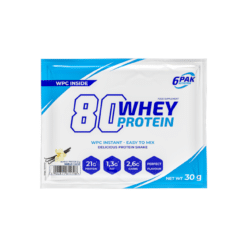Valgupulber 6PAK 90 Whey Protein 30g Vanilla pakendis, valge ja sinine disain, pakendi esiküljel suur tekst ning vanilje kaunistus all vasakul.