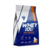Valgupulber TREC Whey 100 New Formula 700g Peanut Butter-Vanilla pakendis. Sinine ja valge pakend oranži detailiga, millele on trükitud tooteinfo ja kujutis vanilje ja pähkliga.