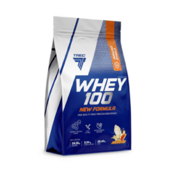 Valgupulber TREC Whey 100 New Formula 700g Peanut Butter-Vanilla pakendis. Sinine ja valge pakend oranži detailiga, millele on trükitud tooteinfo ja kujutis vanilje ja pähkliga.