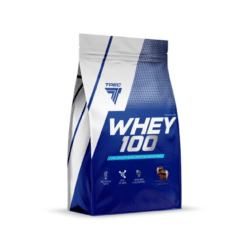 Valgupulber TREC Whey 100 pakend, 900g, sinine ja valge kujundus, märgistatud Double Chocolate maitsega, asetseb valgel taustal.