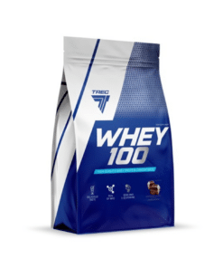 Valgupulber TREC Whey 100 pakend, 900g, sinine ja valge kujundus, märgistatud Double Chocolate maitsega, asetseb valgel taustal.