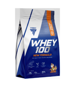 Valgupulber TREC Whey 100 New Formula 700g, Hazelnut pakendis, sinise ja valge kujundusega, riiulil valgel taustal. Pakendil on esile tõstetud tooteinfo ja koostisosade eelised.