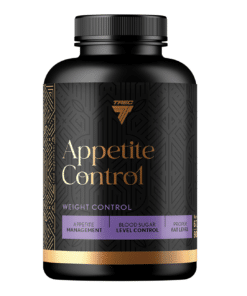 Kaalukaotus kapslid TREC TBL APPETITE CONTROL mustas pudelis 90 kapslit. Elegantse disainiga pakend tumedal taustal, esile tõstetud kuldse ja lilla tekstiga, mõeldud isu kontrollimiseks ja kaalu langetamiseks.