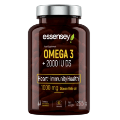 Tumedast klaasist purk, mis sisaldab Rasvhape TREC ESSENSEY OMEGA 3 + 2000 IU D3 90 kapslit. Purgil on hõbedane kork, ja valge tootenimi on esile tõstetud pruuni tausta vastu.