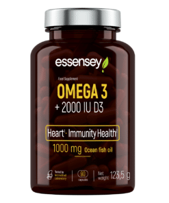 Tumedast klaasist purk, mis sisaldab Rasvhape TREC ESSENSEY OMEGA 3 + 2000 IU D3 90 kapslit. Purgil on hõbedane kork, ja valge tootenimi on esile tõstetud pruuni tausta vastu.