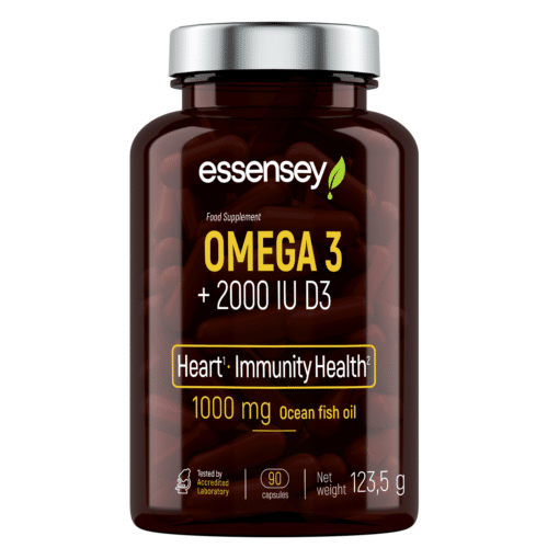 Tumedast klaasist purk, mis sisaldab Rasvhape TREC ESSENSEY OMEGA 3 + 2000 IU D3 90 kapslit. Purgil on hõbedane kork, ja valge tootenimi on esile tõstetud pruuni tausta vastu.