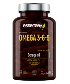 Tumedast klaasist purk, millel on hõbedane kaas, sisaldab Rasvhape TREC ESSENSEY OMEGA 3-6-9 90 kapslit. Purgil on kirjas toote nimi, koostisosad, ja kapslite kogus.