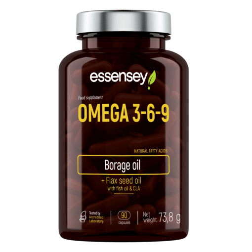 Tumedast klaasist purk, millel on hõbedane kaas, sisaldab Rasvhape TREC ESSENSEY OMEGA 3-6-9 90 kapslit. Purgil on kirjas toote nimi, koostisosad, ja kapslite kogus.