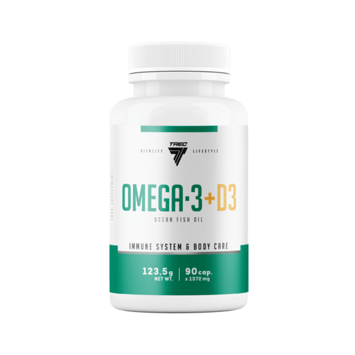Valge TREC OMEGA 3 + D3 90 kapsliga pudel, mis sisaldab oomega-3 rasvhappeid ja D3-vitamiini immuunsüsteemi ja kehalise hoolduse toetuseks. Pudeli kujundus on puhta ja kaasaegse välimusega, esiplaanil roheline ja kuldne kirje valgel taustal.
