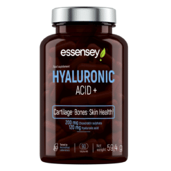 Tumedas purgis Mineraalikapslid TREC ESSENSEY HYALURONIC ACID 90 kapslit. Valgel taustal, purgi etiketil märgitud oluline teave liigeste, luude ja naha tervise toetamiseks. Purgil on hõbedane kaas.