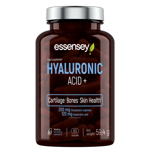 Tumedas purgis Mineraalikapslid TREC ESSENSEY HYALURONIC ACID 90 kapslit. Valgel taustal, purgi etiketil märgitud oluline teave liigeste, luude ja naha tervise toetamiseks. Purgil on hõbedane kaas.