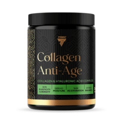 Mineraalipulber TREC TBL COLLAGEN ANTI-AGE VANILLA-STRAWBERRY 300 g mustas silindrilises purgis, millel on kuldsete kirjadega must etikett. Purk on asetatud valgele taustale, rõhutades selle eksklusiivset ja luksuslikku disaini.