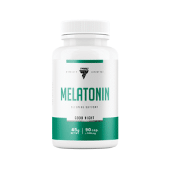 Valge TREC Melatonin toidulisandi pudel, millel on rohelise kirjadega silt uinumiseks ja hea une toeks, 90 kapslit.