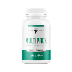 Valge pudel koos rohelise ja musta disainiga, sisaldades Mineraalikompleks TREC MULTIPACK 120 kapslit. Pudelil on selgelt nähtav logo ja tooteinfo valgel taustal.