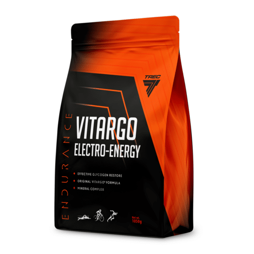 Elektrolüüt TREC VITARGO ELECTRO ENERGY sidruni-greibi maitsega pulber 1050 g mustas ja oranžis plastikpakendis, mis seisab valgel taustal.