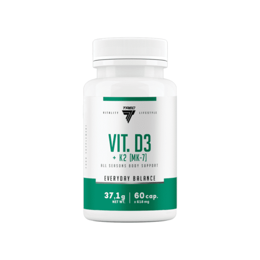 Vitamiinikapslid TREC VIT. D3+K2 (MK-7) sisaldavas valges purgis, roheline ja must kiri, 60 kapslit.
