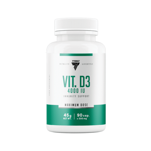 Valge plastpudel Vitamiinikapslite TREC VIT. D3 4000 IU, 90 kapslit, millel on roheline ja valge etikett ning selged trükitähed.
