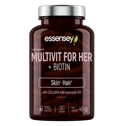 Tumedas klaaspurgis multivitamiin naistele TREC ESSENSEY MULTIVIT FOR HER + BIOTIN 90 kapslit, mille etiketil on kirjas toote omadused ja koostisosad.