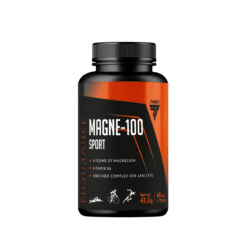 Musta ja oranži kaanega Magneesium TREC MAGNE-100 SPORT 60 kapslit sisaldav pudel spordikompleksi kujundusega. Esi osas on toote nimi ja põhiteave stiilse graafika sees.