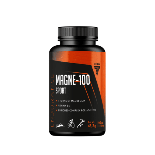 Magneesiumikapslid sportlastele ja aktiivsetele 60 tk | E-pood Tootemaailm Musta ja oranži kaanega Magneesium TREC MAGNE-100 SPORT 60 kapslit sisaldav pudel spordikompleksi kujundusega. Esi osas on toote nimi ja põhiteave stiilse graafika sees.