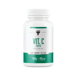 Valge pudel Vitamiinikapslid TREC VIT. C 1000, 90 kapslit, roheline ja valge etikett, puhas taust.