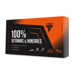 Karbil Mineraalidekompleks TREC 100% VITAMINS & MINERALS 60 kapslit on must ja oranž disain koos tootemärgistega, mis rõhutavad 12 vitamiini ja 9 mineraali sisaldust.