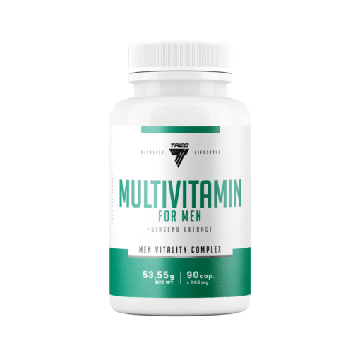Valge purk rohelise ja musta kirjadega, mis sisaldab Multivitamiin meestele TREC MULTIVITAMIN FOR MEN 90 kapslit, valgel taustal.