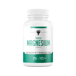 Valge pudel Magneesium TREC TRIPLE MAGNESIUM COMPLEX 120 kapslit tekstiga, mis esitleb kolme magneesiumi vormi kõrget imenduvust. Pudelil on roheline ja valge kujundus, mis paistab silma puhta ja minimalistliku taustal.