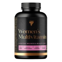 Must elegantne pudel TREC TBL WOMEN'S MULTIVITAMIN 90 kapsliga, millel on kuldsed ja roosad detailid, sobilik igapäevaseks naiste hoolduseks.